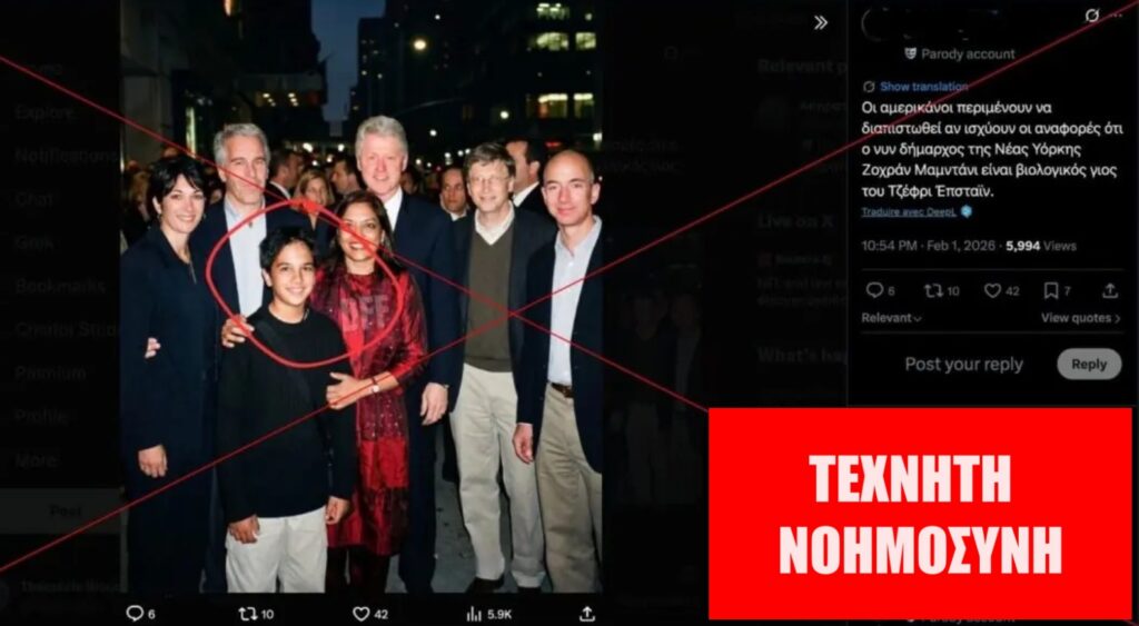 Εικόνα με τον Τζέφρι Έπσταϊν και τον νεαρό δήμαρχο της Νέας Υόρκης Ζοχράν Μαμντάνι είναι προϊόν τεχνητής νοημοσύνης