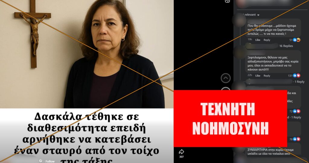 AI η εικόνα της δασκάλας που τέθηκε σε διαθεσιμότητα επειδή αρνήθηκε να κατεβάσει έναν σταυρό από τον τοίχο της τάξης